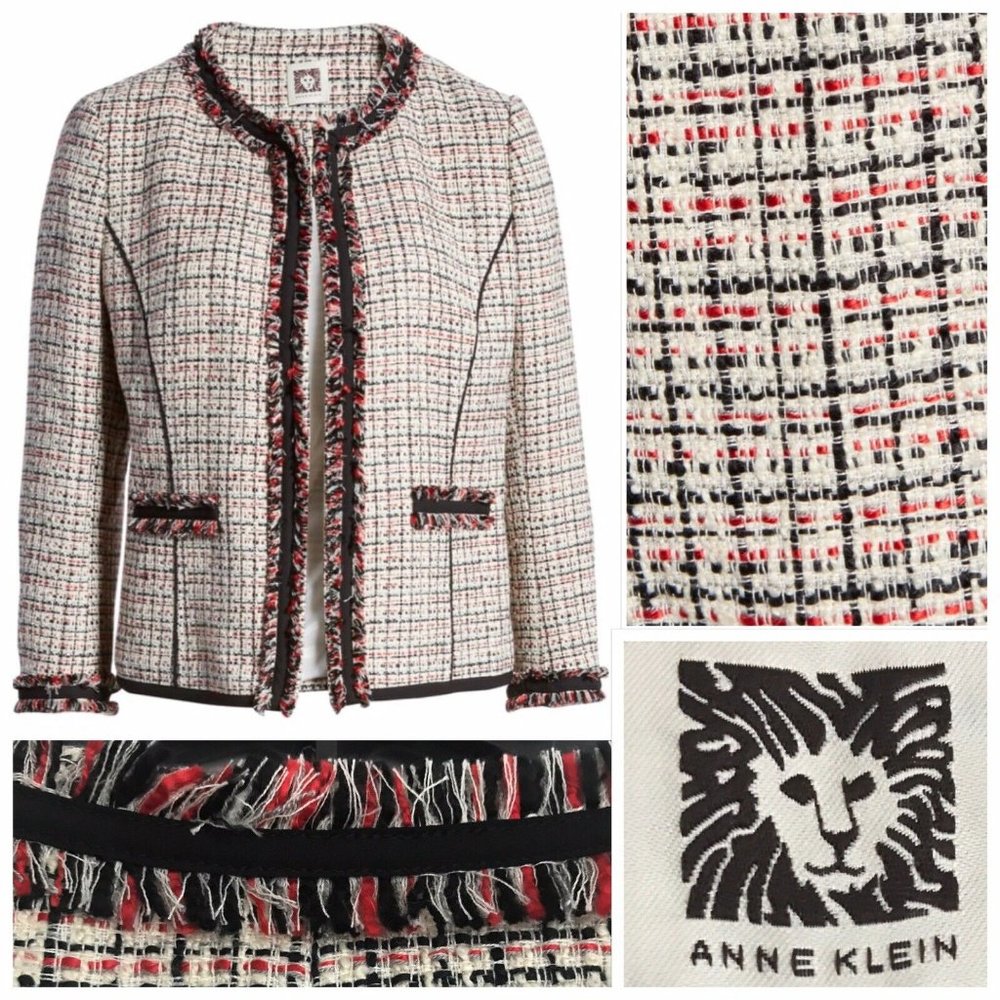 Anne Klein Fringe Trim Collarless Tweed Jacket